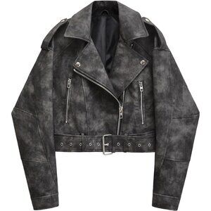 LY VAREY LIN Women Faux Leather black Casual jacket Short Coat with Belt
